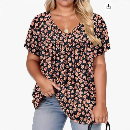 Womens Plus-Size Pullover T-Shirt With Floral Print