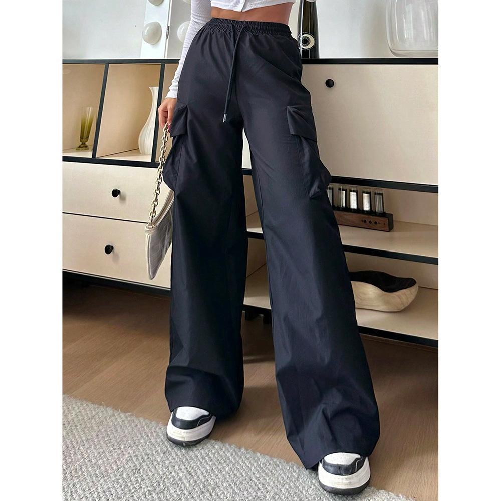Womens Solid-color Loose-fit Utility Casual Pants