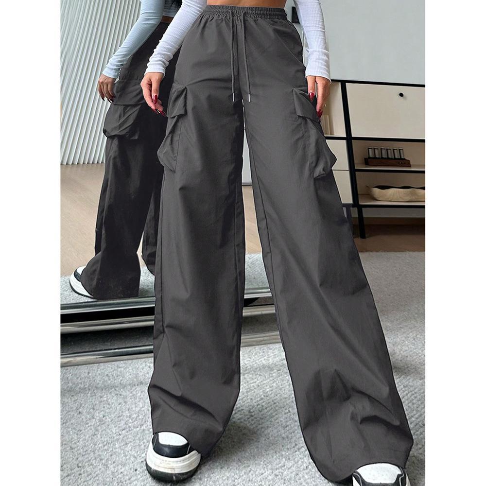 Womens Solid-color Loose-fit Utility Casual Pants