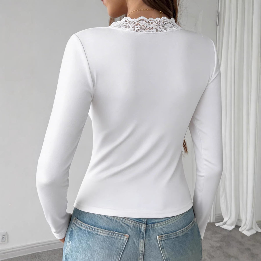 Womens Solid-color V-neck Lace-panel TopWomens Solid-color V-neck Lace-panel Top