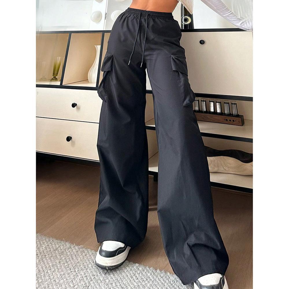 Womens Solid-color Loose-fit Utility Casual Pants