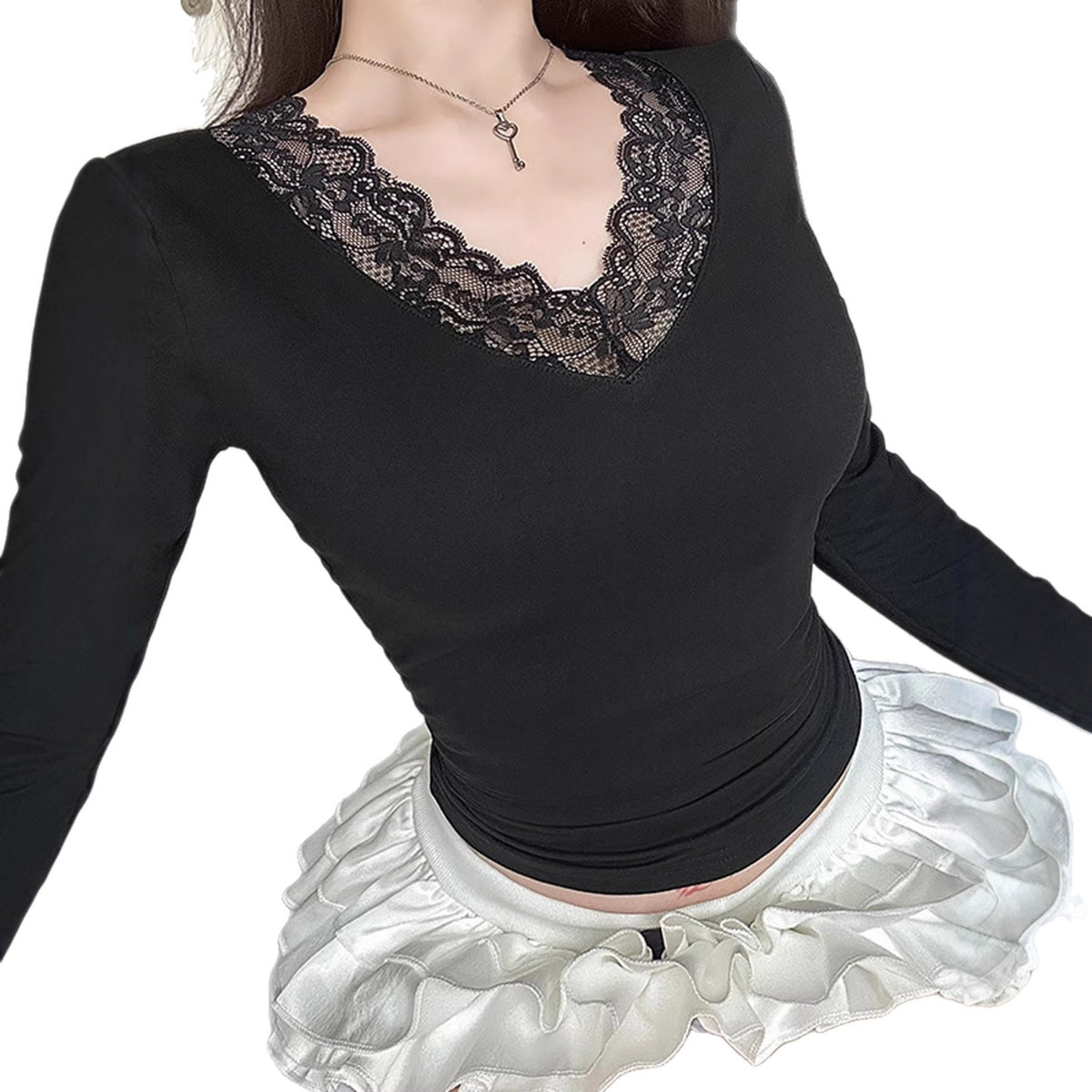 Womens Solid-color V-neck Lace-panel Top