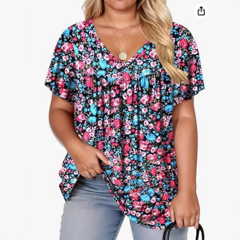 Womens Plus-Size Pullover T-Shirt With Floral Print