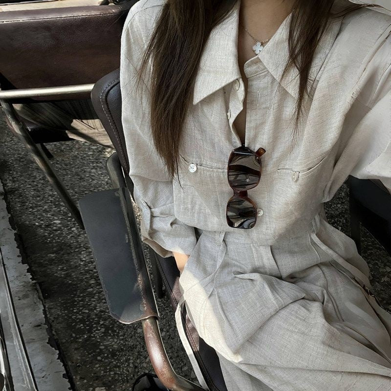 Womens Retro French-Style Wide-Leg Pants And Blouse Set