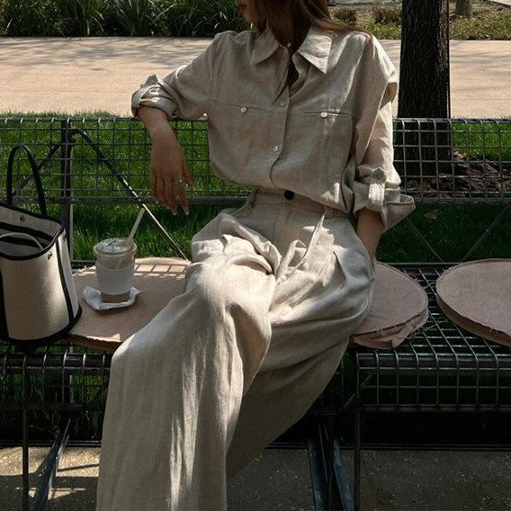 Womens Retro French-Style Wide-Leg Pants And Blouse Set