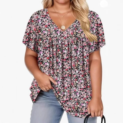 Womens Plus-Size Pullover T-Shirt With Floral Print