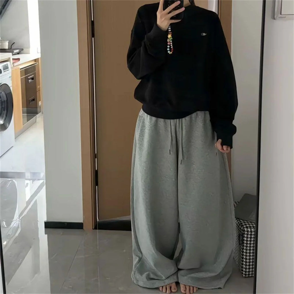 Oversize Woman Grey Black Sweatpants Y2K Korean Streetwear Loose Casual Jogger Pants High Waist All Match Drawstring Trousers