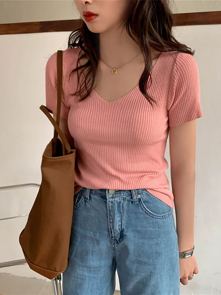 2026 Summer Slim Short Sleeve Bodycon Sweater Basic V-neck Solid Thin Pullover Women Female Knitted Ribbed Sweater