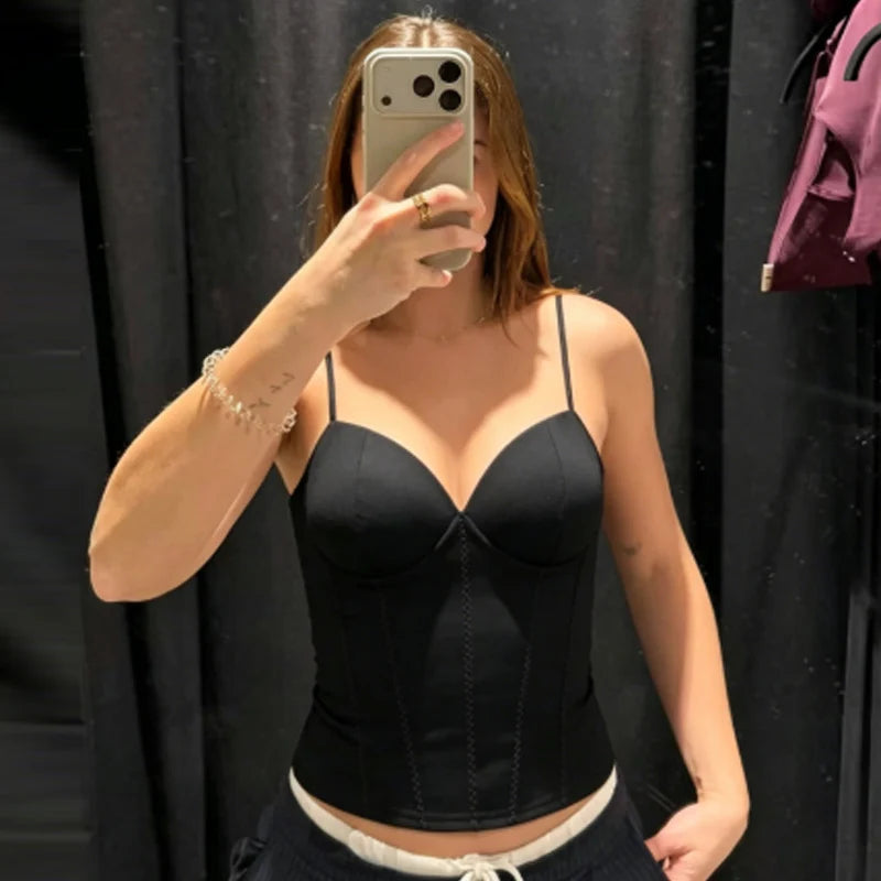 HXAO Black Slip Top Women Summer 2026 Sexy Corset Cup Tops Elegant Bustier Slim Sleeveless Camisole Chic Bodycon Backless Vests