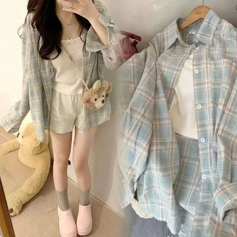 Harajuku Oversize Loose Plaid Shirts Female Lazy Style Long Sleeve Out Wear Casual Blouses Vintage All-match Students Shirt