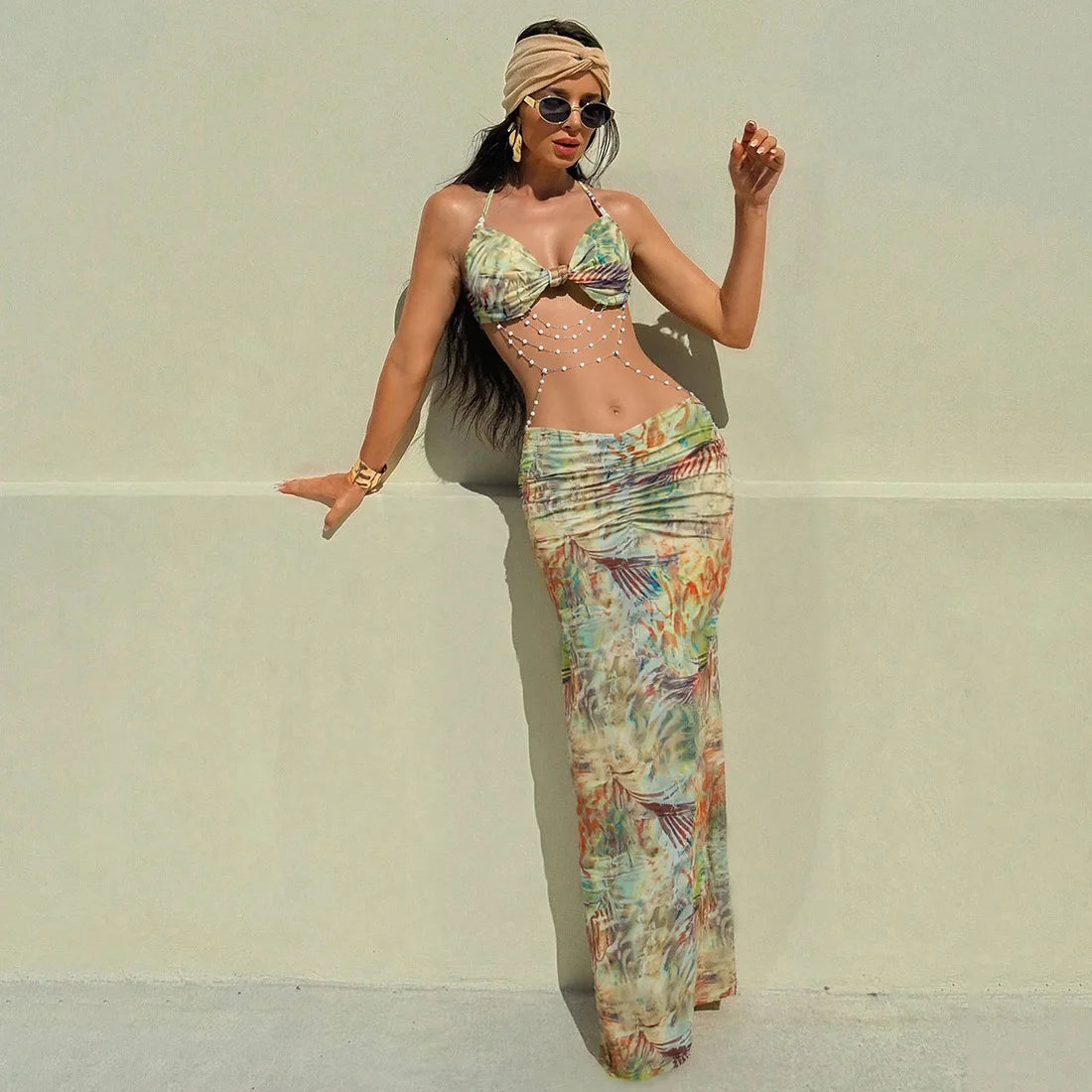 Sexy Summer Slim Dress Elegant Casual Fashion Printed Beach Resort Style Halter Neck Strappy Long Low Waist Cover Hip Dress