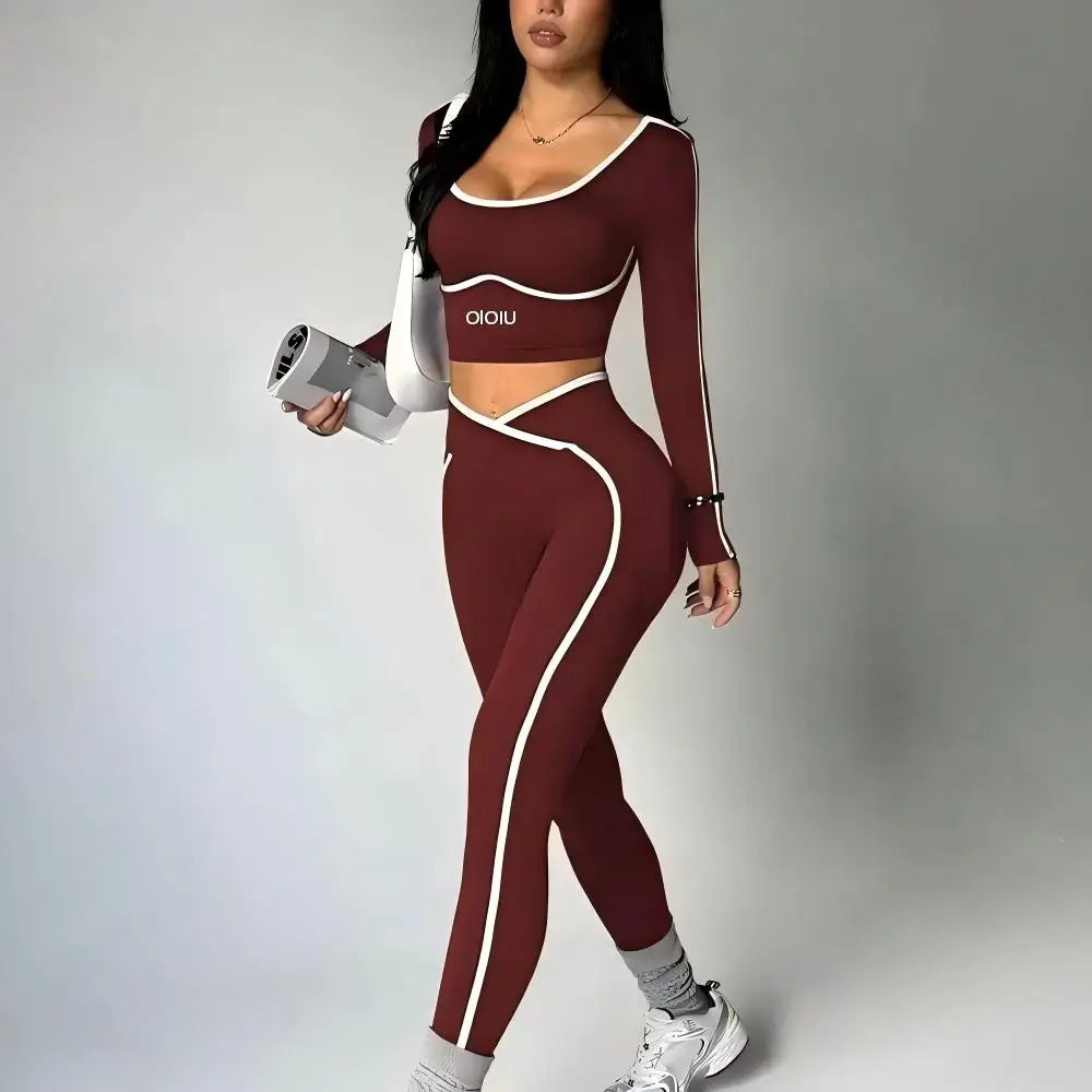 2026 New Color-Contrasting Yoga Set - Tight Yoga Long-Sleeved Front V-Waist Tapered Hip-Slimming Yoga Pants Set