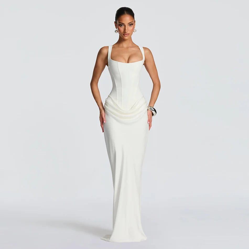 White Patchwork Folds Draped Party Evening Maxi Dress New Fashion Spaghetti Strap Square Neck Back Lace up Mermaid Bodycon Gown