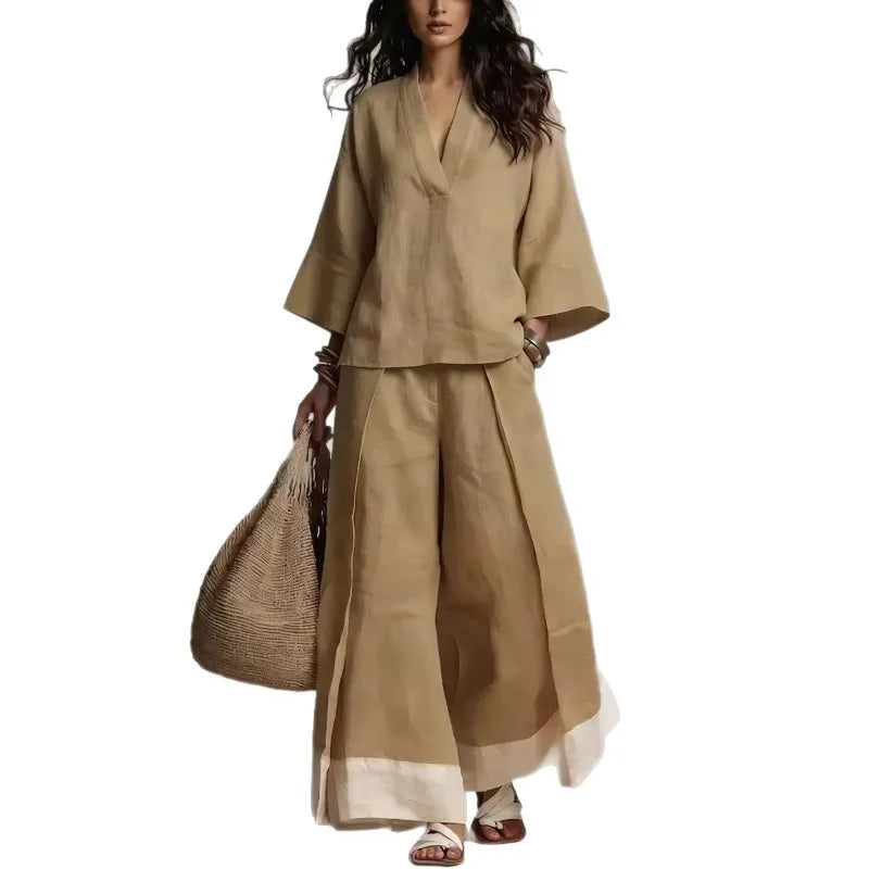 Spring Summer Cotton Linen 2 Piece Set French V-neck Three-quarter Sleeve Shirt Contrasting Color Wide-leg Pants Suit for Women
