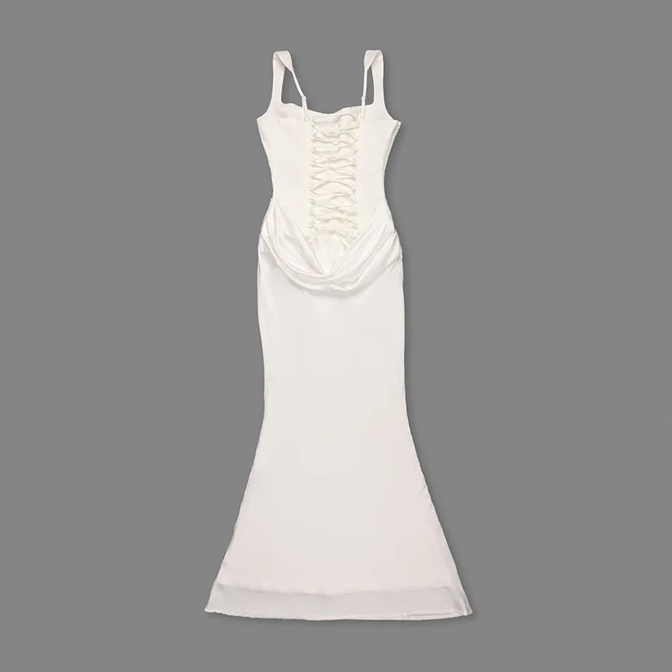 White Patchwork Folds Draped Party Evening Maxi Dress New Fashion Spaghetti Strap Square Neck Back Lace up Mermaid Bodycon Gown