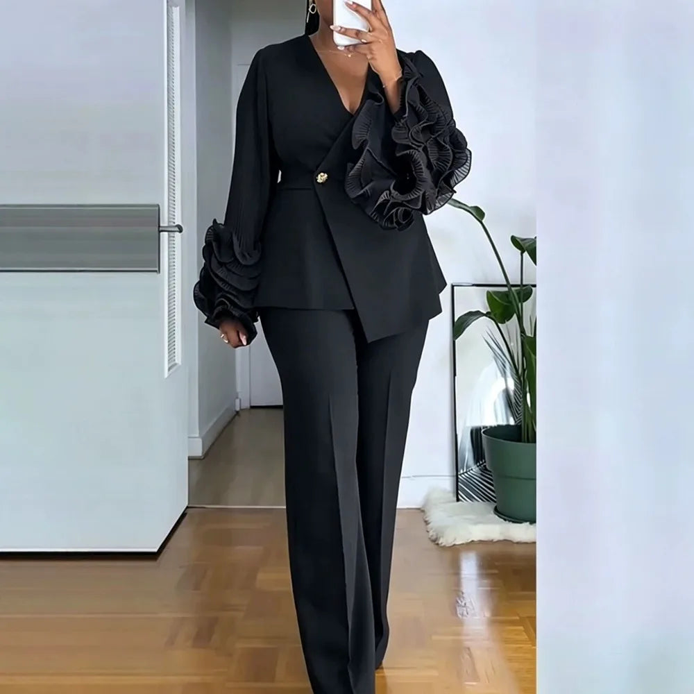 Women's 2‑Piece Pant Suit Deep‑V Ruffle Long‑Sleeve Blazer High‑Waist Straight‑Leg Pants Elegant Office Formal Outfit Set