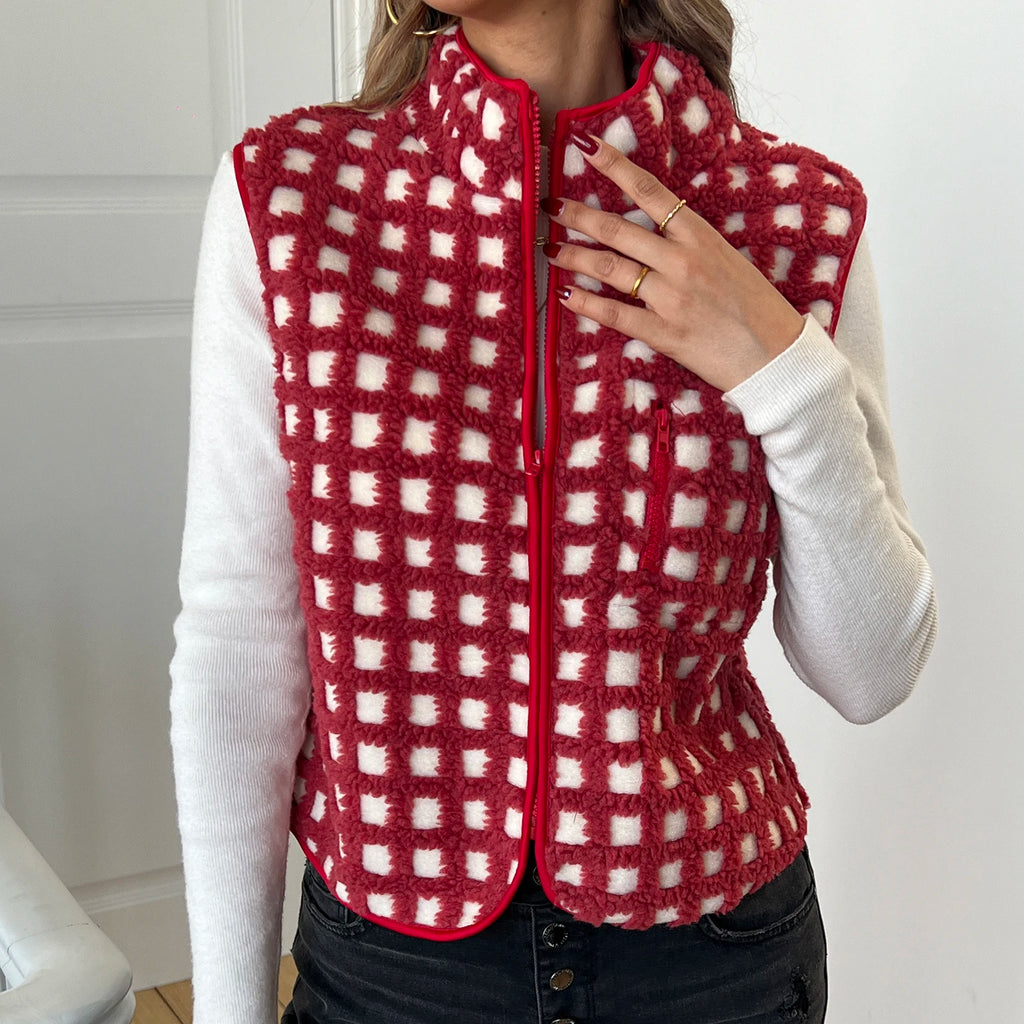 Women’s Fuzzy Checkered Vest Sleeveless Stand Collar Zip Up Vest Jacket Loose Spring Fall Warm Outwear
