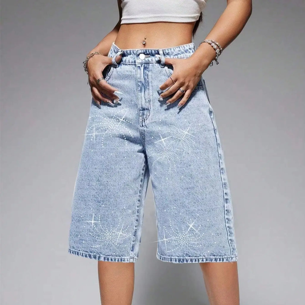 High-Waist Denim Mid-Length Shorts Jeans for Women with Sparkle Rhinestones Light Blue Wash Trendy Cowgirl Style ropa para mujer