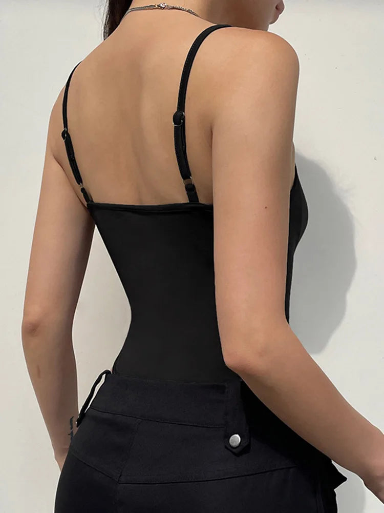 Sweetown Women's Sleeveless Skinny Shirring Bodysuit Spaghetti Strap Black Solid Simple Basic Sexy Camisole for Vacation