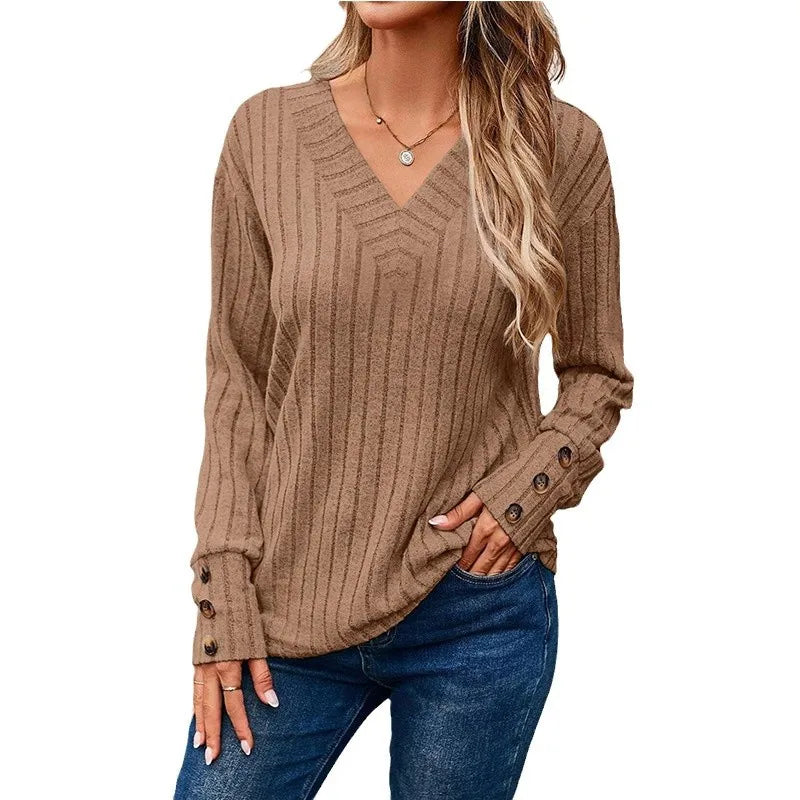 V-Neck Knit Top with Button Cuffs
