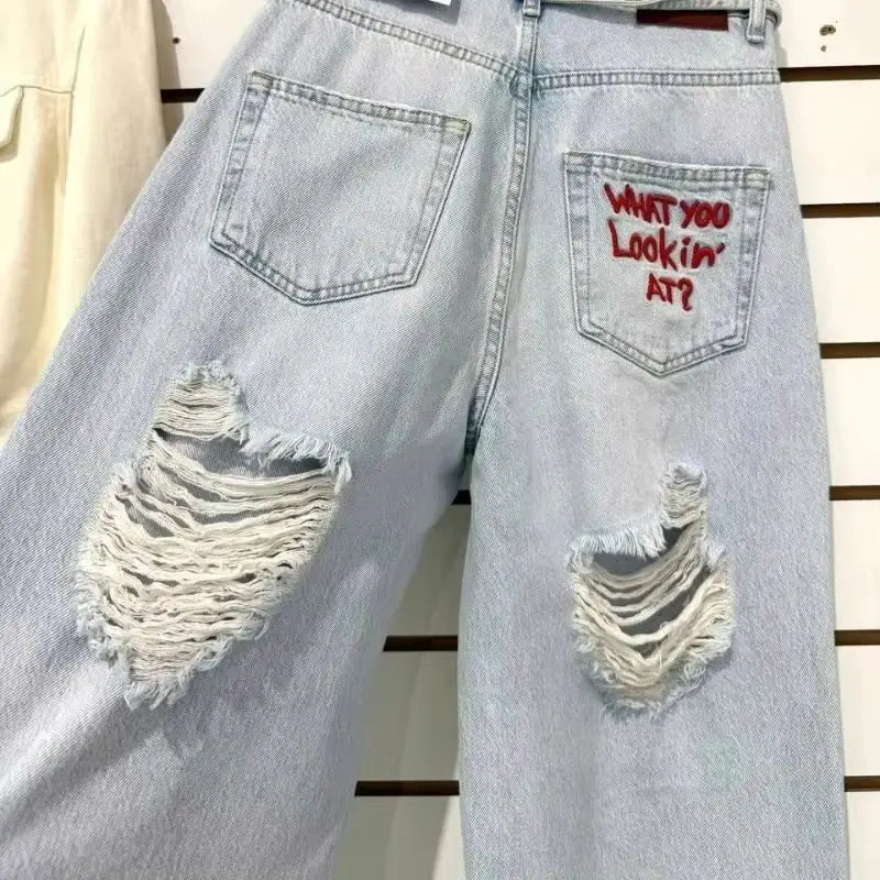 New Retro Embroidered Letter Jeans for Women High Waisted Straight Leg Classic Hip-Hop Comfortable Stretch Denim Pants