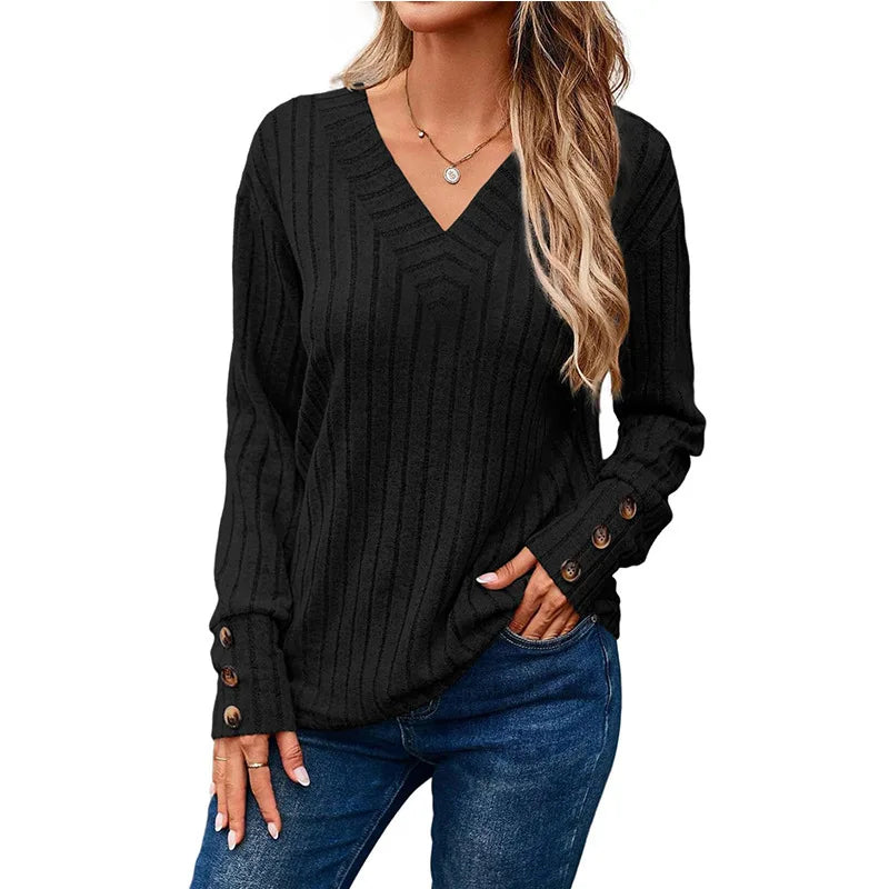 V-Neck Knit Top with Button Cuffs