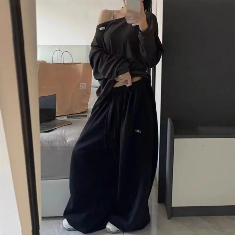 American Retro Hip-Hop Oversized Woman Black Casual Sweatpants Korean Streetwear Loose Jogging Pants High Waist Wide-Leg Pants