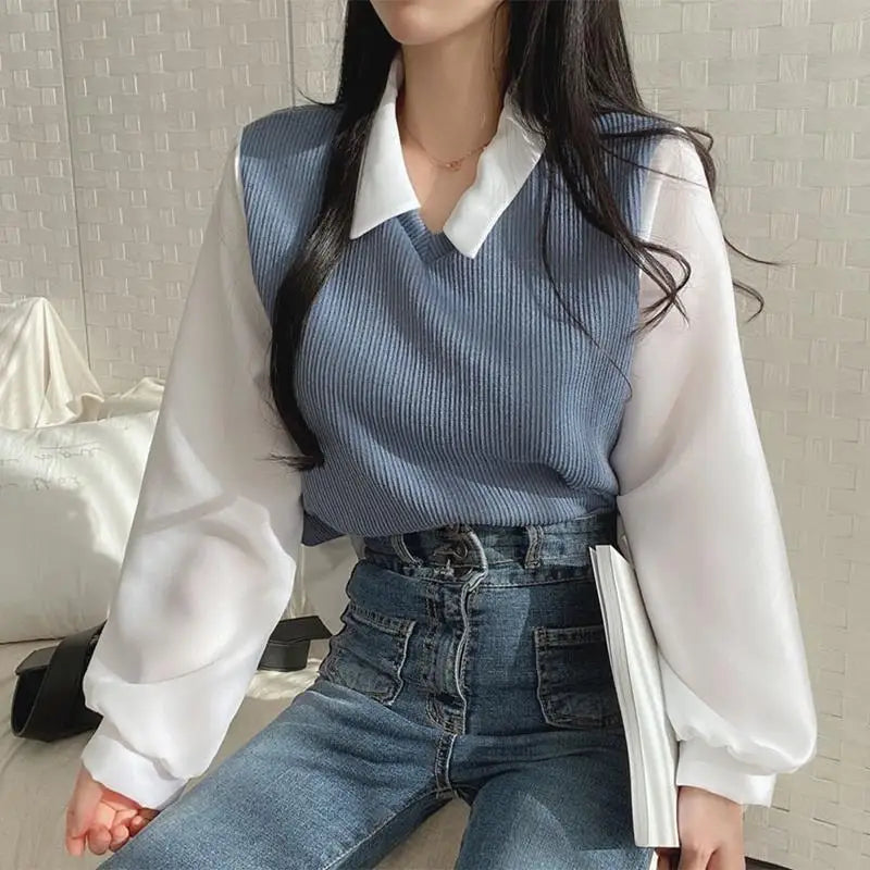 Y2k Polo Collar False Two-piece Blouse Women Spring Casual Korean Shirt Vintage Loose Pullover Tops Long Sleeve Elegant Blouses