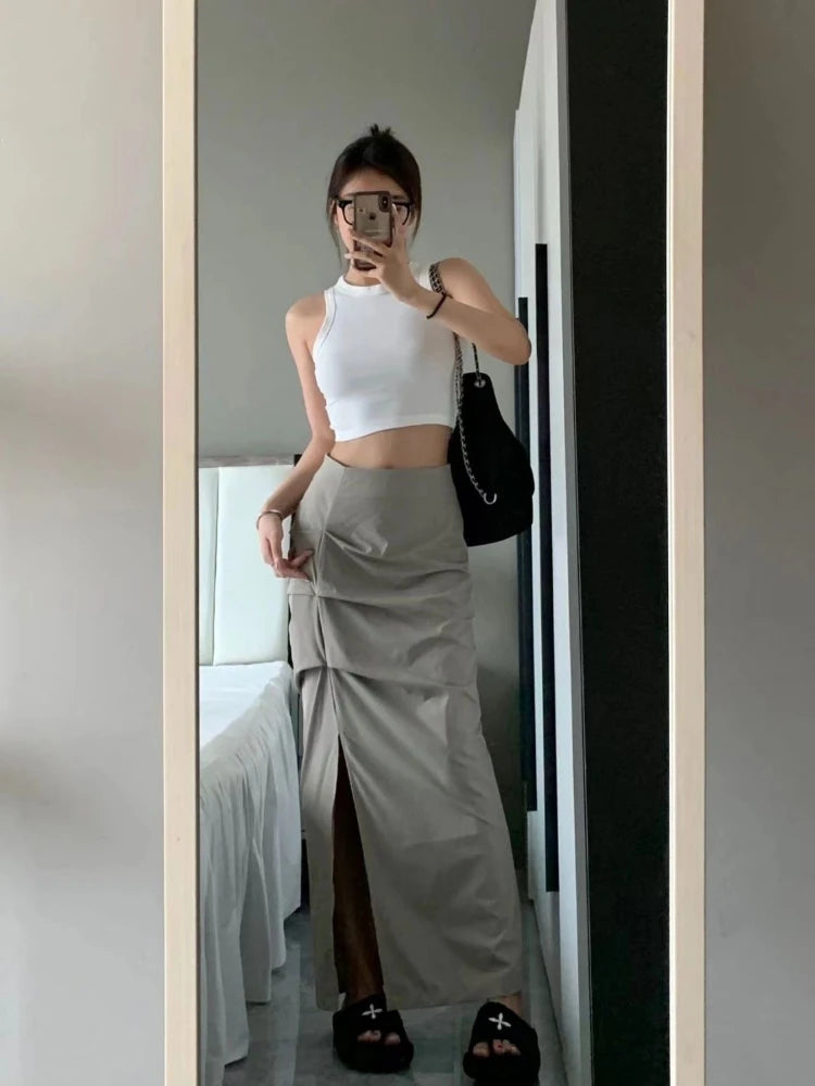 Skirts Women Autumn European Style Khaki Chic All-match A-line Tender Fashion Slim High Waist Thin Side-slit Preppy Streetwear