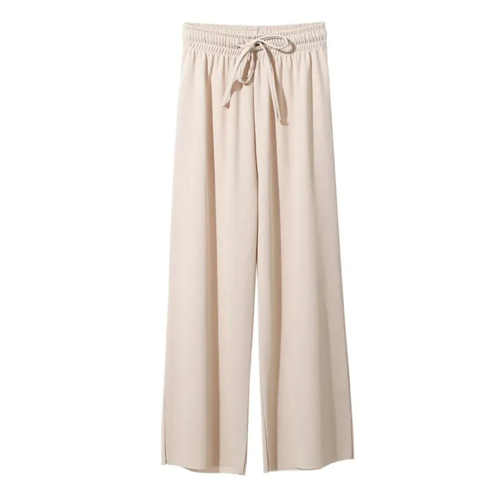2026 Women Ankle-Length Wide Leg Pants Casual Summer Solid Elastic Waist Loose Ice Silk Pants Spring Summer Female Trousers