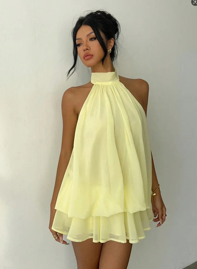 Women's Vacation Slim Fit Fashion Sexy Backless Halter Tie Waist Versatile Solid Color Dress, Stylish and Comfortable Summer