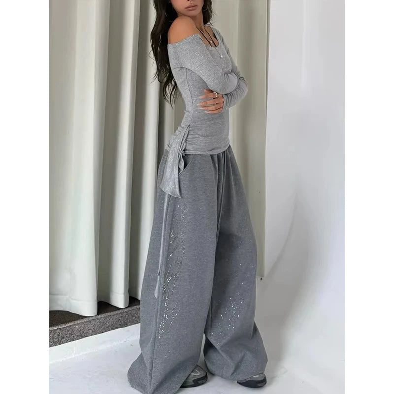  American Retro Hot Diamond Flash Jazz Hip-Hop Women Sweatpants Korean Streetwear Loose Jogging Pants High Waist Wide-Leg Pants