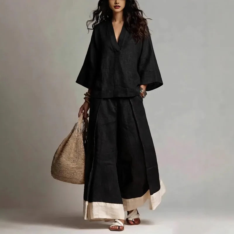 Spring Summer Cotton Linen 2 Piece Set French V-neck Three-quarter Sleeve Shirt Contrasting Color Wide-leg Pants Suit for Women
