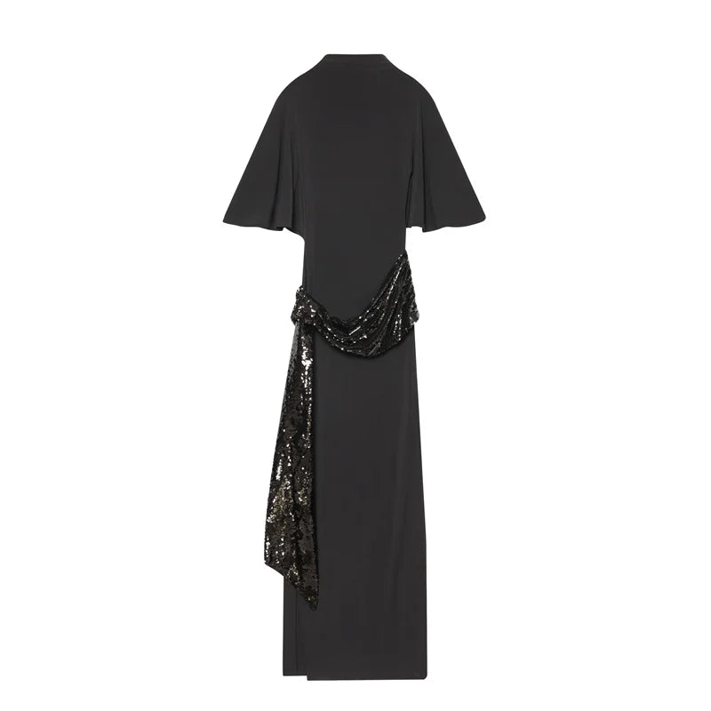 Women Backless Sequin Patchwork Maxi Dress Elegant Wide Sleeve Long Gowns Feminine New Fashion Evening Party Daily Robes