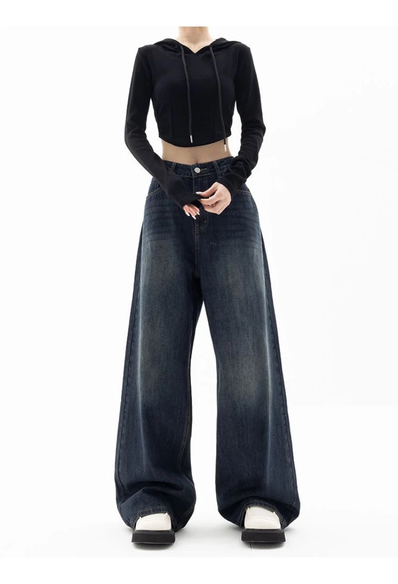 Women's Retro Street Style High-Waisted Wide Leg Pants Floor-Length Niche Design Loose Fit Slimming Jeans