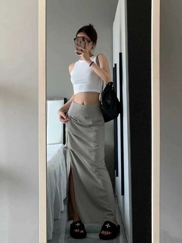 Skirts Women Autumn European Style Khaki Chic All-match A-line Tender Fashion Slim High Waist Thin Side-slit Preppy Streetwear