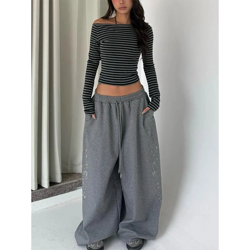  American Retro Hot Diamond Flash Jazz Hip-Hop Women Sweatpants Korean Streetwear Loose Jogging Pants High Waist Wide-Leg Pants