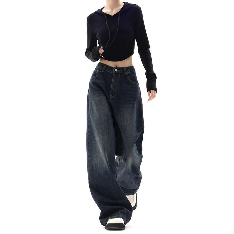Women's Retro Street Style High-Waisted Wide Leg Pants Floor-Length Niche Design Loose Fit Slimming Jeans