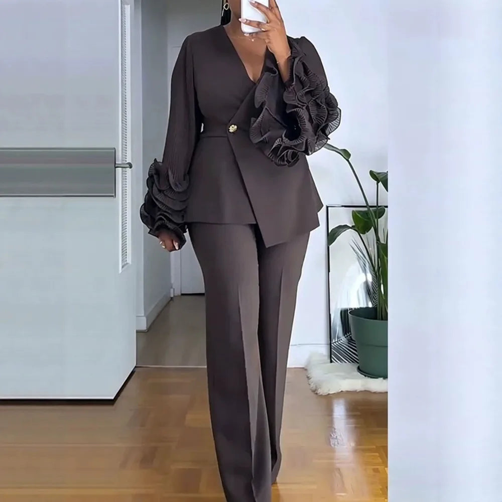 Women's 2‑Piece Pant Suit Deep‑V Ruffle Long‑Sleeve Blazer High‑Waist Straight‑Leg Pants Elegant Office Formal Outfit Set