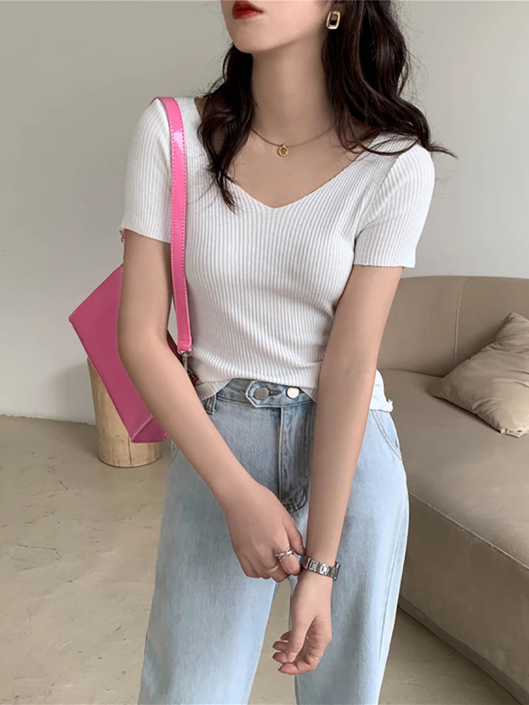 2026 Summer Slim Short Sleeve Bodycon Sweater Basic V-neck Solid Thin Pullover Women Female Knitted Ribbed Sweater