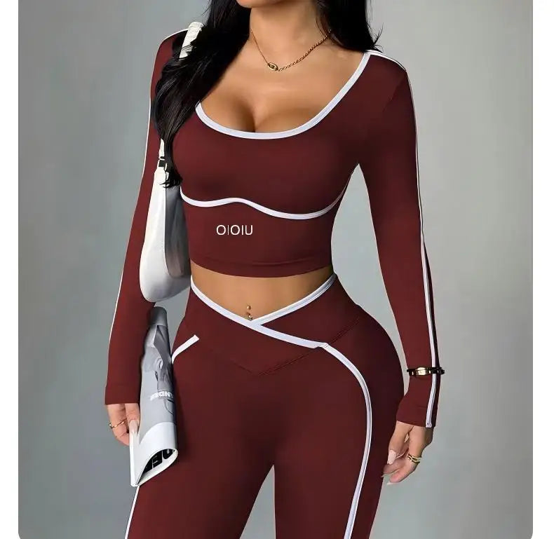 2026 New Color-Contrasting Yoga Set - Tight Yoga Long-Sleeved Front V-Waist Tapered Hip-Slimming Yoga Pants Set