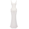 White Patchwork Folds Draped Party Evening Maxi Dress New Fashion Spaghetti Strap Square Neck Back Lace up Mermaid Bodycon Gown