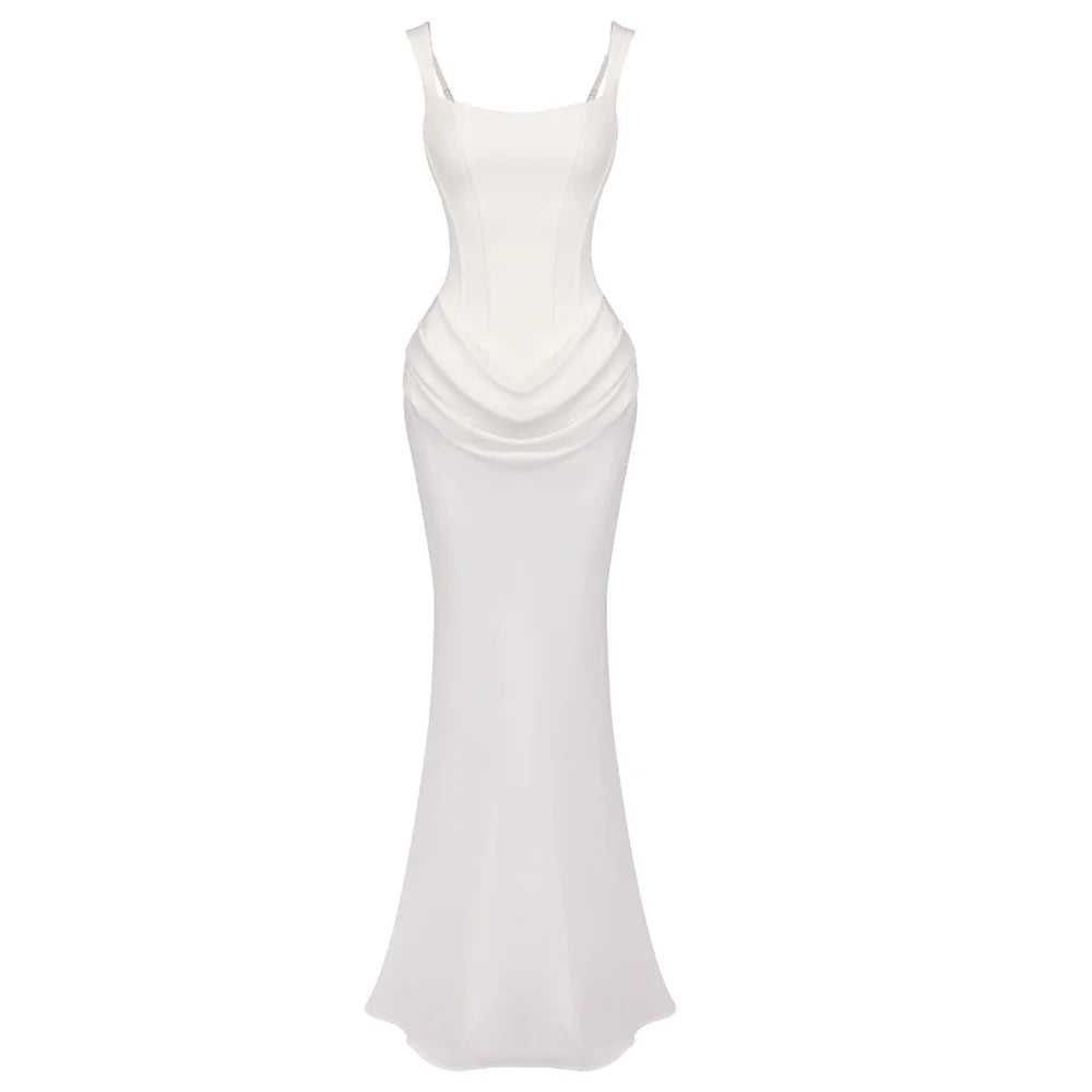 White Patchwork Folds Draped Party Evening Maxi Dress New Fashion Spaghetti Strap Square Neck Back Lace up Mermaid Bodycon Gown