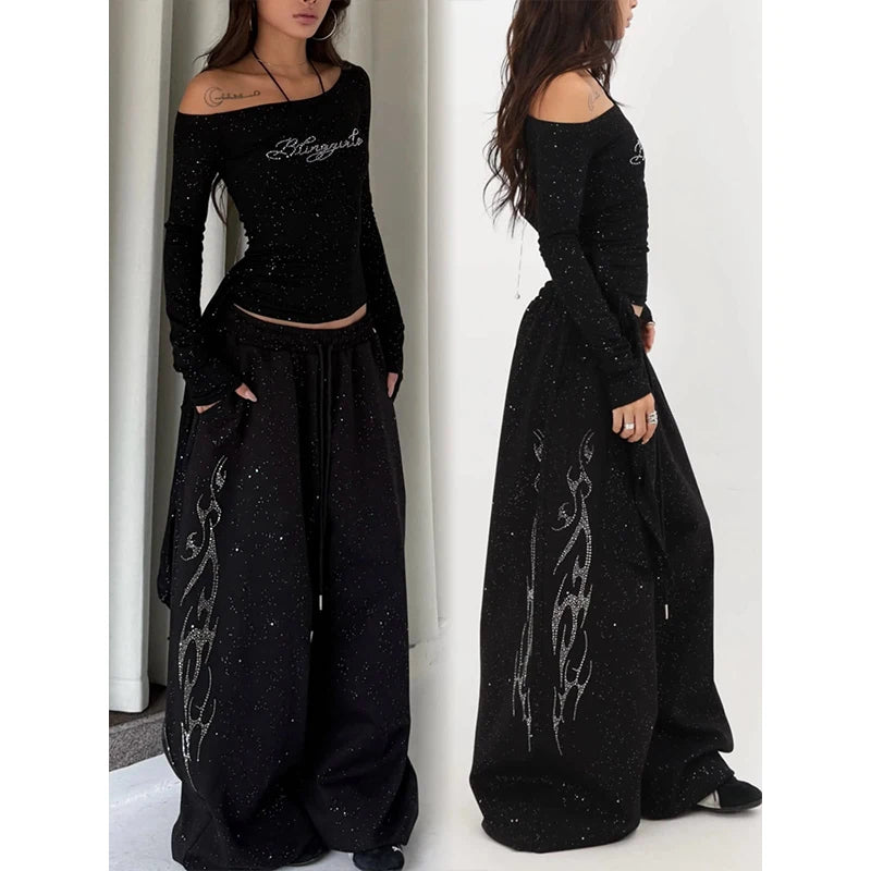  American Retro Hot Diamond Flash Jazz Hip-Hop Women Sweatpants Korean Streetwear Loose Jogging Pants High Waist Wide-Leg Pants