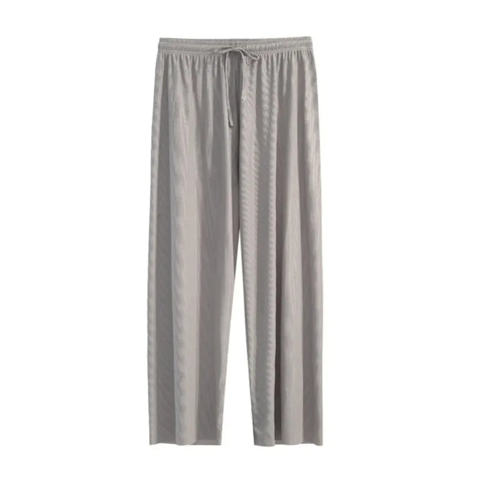 2026 Women Ankle-Length Wide Leg Pants Casual Summer Solid Elastic Waist Loose Ice Silk Pants Spring Summer Female Trousers