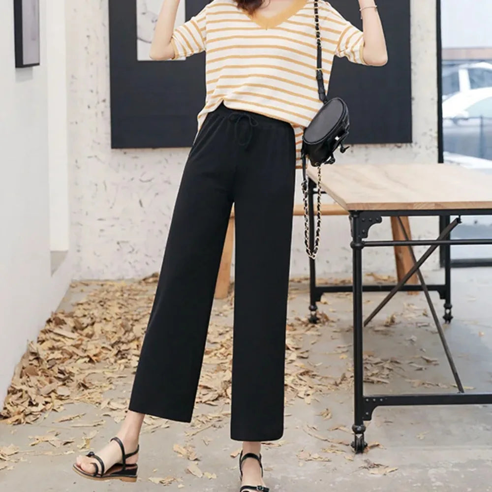 2026 Women Ankle-Length Wide Leg Pants Casual Summer Solid Elastic Waist Loose Ice Silk Pants Spring Summer Female Trousers