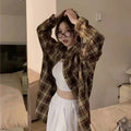 Harajuku Oversize Loose Plaid Shirts Female Lazy Style Long Sleeve Out Wear Casual Blouses Vintage All-match Students Shirt