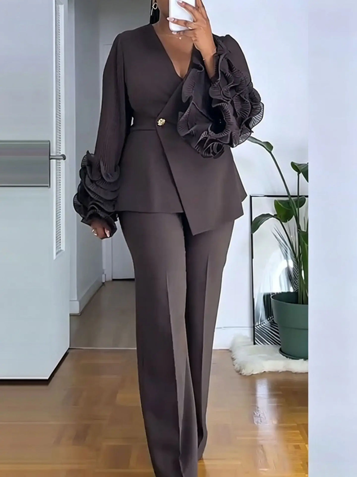Women's 2‑Piece Pant Suit Deep‑V Ruffle Long‑Sleeve Blazer High‑Waist Straight‑Leg Pants Elegant Office Formal Outfit Set