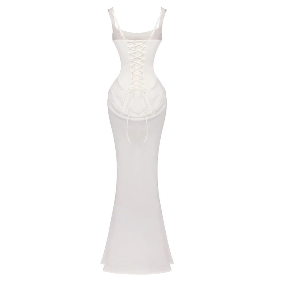 White Patchwork Folds Draped Party Evening Maxi Dress New Fashion Spaghetti Strap Square Neck Back Lace up Mermaid Bodycon Gown
