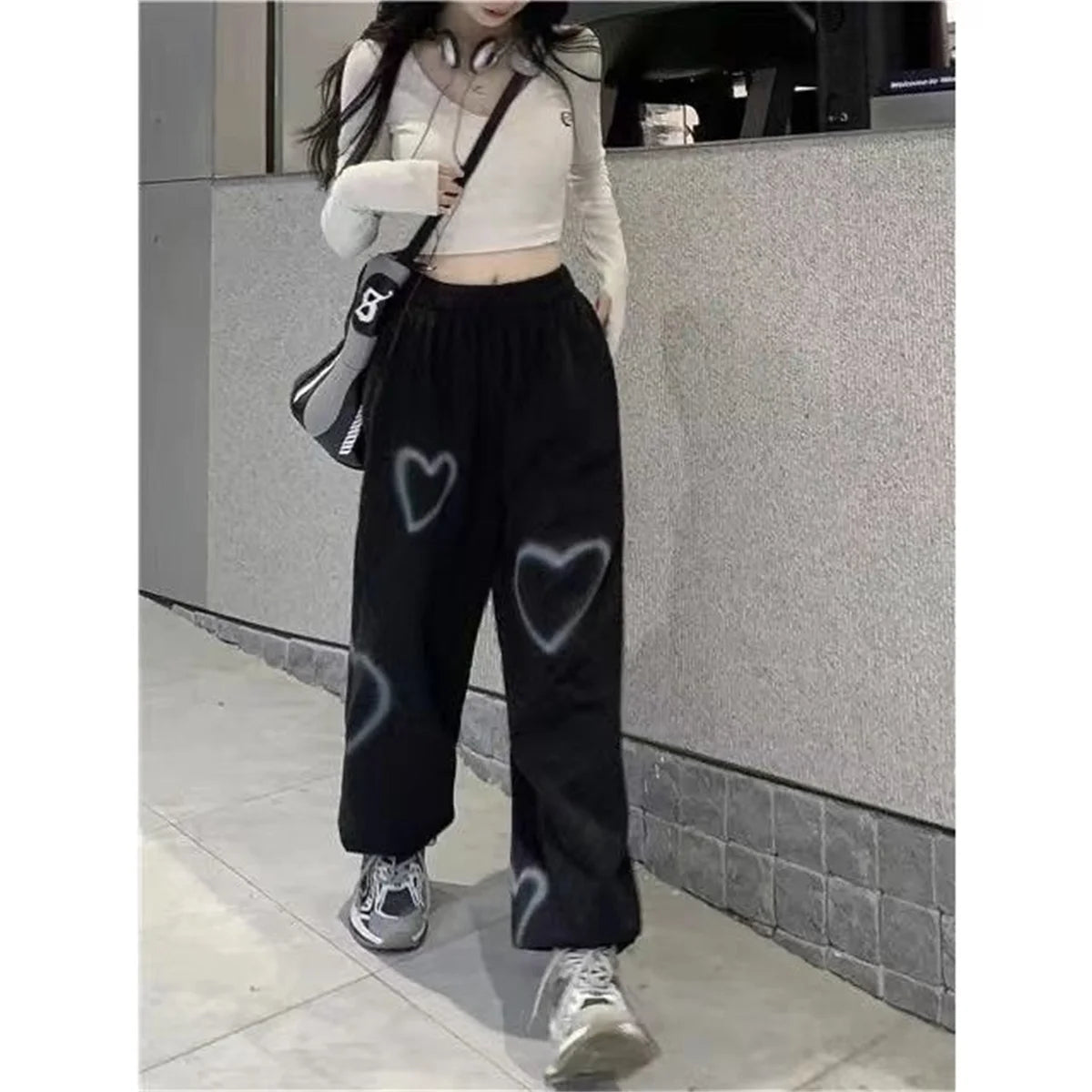 Love Graffiti Wide Leg Pants Women Y2K Elastic High Waist Streetwear Loose Drawstring Jogging Trousers Korean Casual Sweatpants